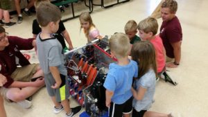 Campers looking at our robot